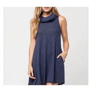 Socialite Small Blue Ribbed Sweater Dress Cowl Neck Tunic Short Sleeveless Swing